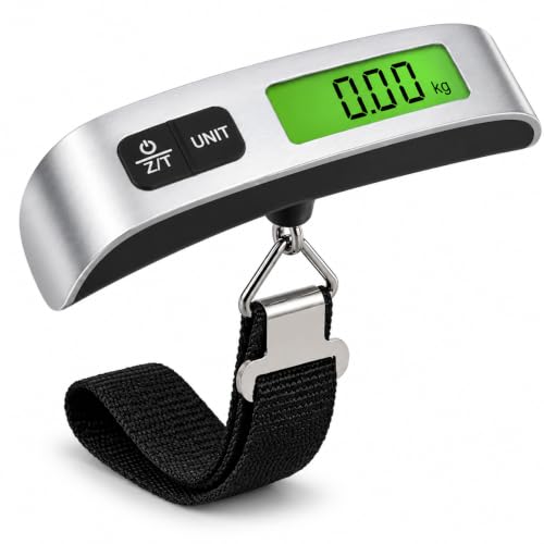 Kawaology Gepäckwaage Hochpräzise Gepäckwaage, tragbare Kofferwaage, digital, elektronisch, 110 lb/50 kg, digitale Hängewaage für Reisen mit Haken (Silber)