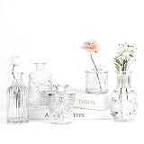 Gather & Bloom Creations 5 Piece Mini Bud Vase Set – Clear Glass Small Vases in Unique Shapes & Sizes for Flowers, Fairy Lights, Wedding Table Centerpieces, Vintage-Inspired Home Décor