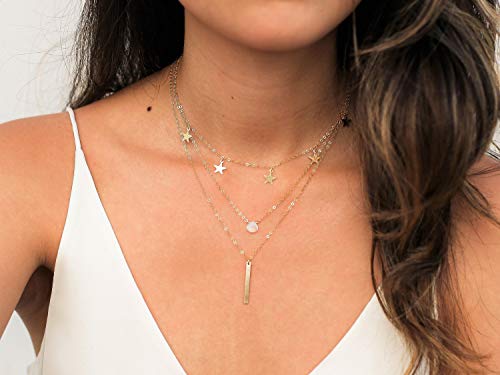 S.j Jewelry Women Simple Delicate Full Moon 14K Gold Plated/Rose Gold/Silver Plated Layered Pendant Handmade Star Chokers Necklaces-Ck-Star #TOP3