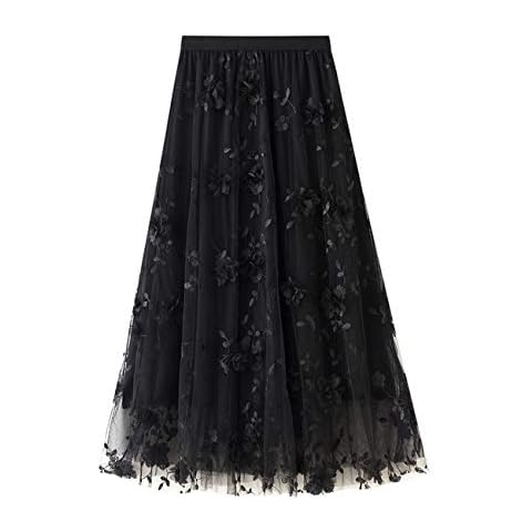 Femiserah Women's Elastic Waist 3D Flower Embroidery A Line Long Skirt Tulle Tutu Swing Skirt (Black) Cover