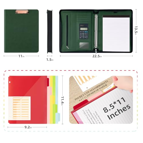 Image of Ospelelf Green Clipboard with Storage 3 Binder Leather Portfolio Folder with Zipper, 12.1 inch Tablet Sleeve, 5 Dividers with Pocket, Refillable Notepad, Card Slot