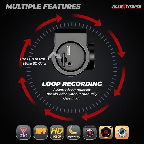 Image of AllExtreme X5 Car Dash Camera 2MP FHD 1080P 140˚Wide Angle Night Vision Cam WiFi App Connectivity with Emergency Recording & Parking Monitoring Sensor Support UPTO 128GB Class 10 SD Card