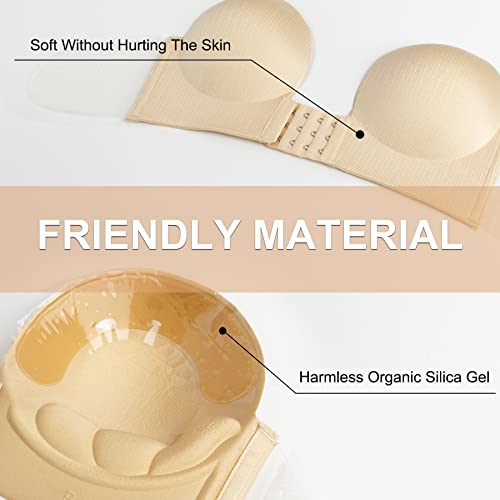 Rgainon Backless Strapless Bra Adjustable Buckle Invisible Sticky Bra For Women Breast Lift Bra Silicone Push Up Bras Beige #TOP3
