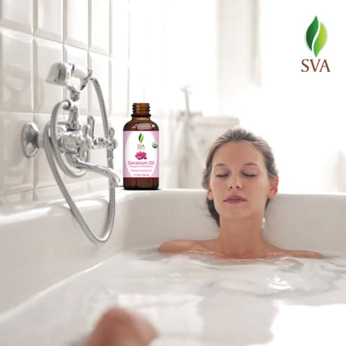 SVA Geranium Essential Oil Organic &ndash; 1 Fl Oz &ndash; 100% Natural Organic Geranium Oil - for Diffuser, Hair Care, Face, Skin Care, Aromatherapy, Scalp and Body Massage, Soap and Candle making &ndash; with Dropper