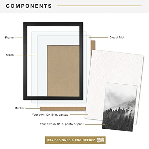 Image of MCS Gallery Wooden Frame for Canvas, Art Boards, Photos and more, Black, 12x16 with 8x12 Mat