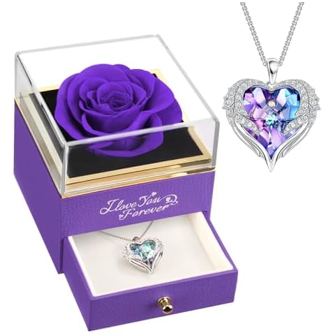 NEWNOVE Valentines Day Gifts for Her, Preserved Real Purple Rose with Angle Wings Necklace, Forever Flowers Gifts for Mom Grandma Wife Girlfriend, Mothers Day, Anniversary or Birthday Gifts for Women Cover