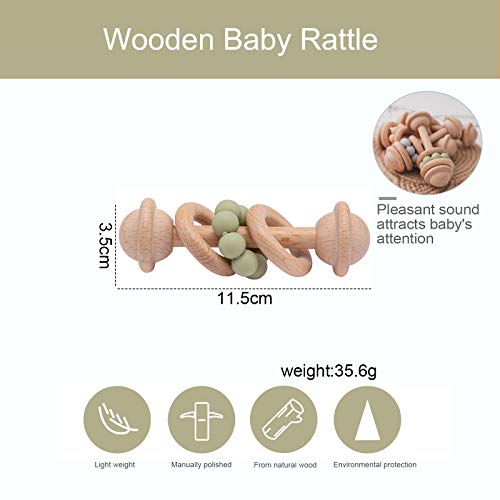 Wooden Baby Rattle Shake Toy Silicone Beads Teether Ring Grasping Teething Toys for Babies Toddlers, Matcha Green - Thumbnail 4