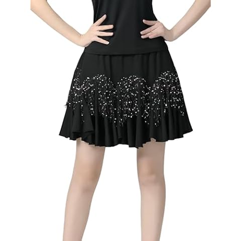 Qsuccua Women's Dance Skirt Half Skirt Sequined Tassel Long Skirt Latin Dance Short Skirt Ballroom Dancer Black L Cover