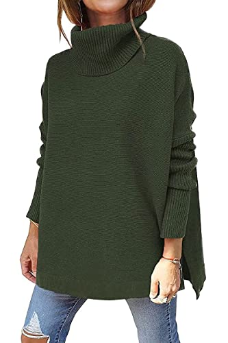 FANGJIN Pulls Femme Col Roulé Pullover à Manche Longue,Turtleneck Sweater Femme Sweat-Shirt Tricot Chandail Elégant Hiver Pullover Tops Lâche Couleur Unique Blouse Tunique Sauge Verte Grand Cover