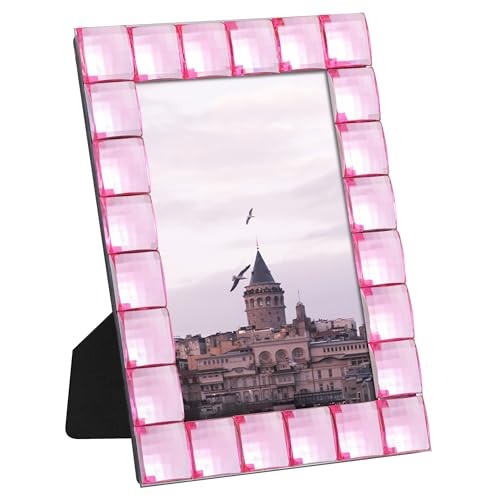 eletecpro 4x6 Sparkling Jewel Picture Frame with Pink Acrylic and Real Glass Adorned, Kids Room Decor Cute Style for Wall Mounting and Tabletop