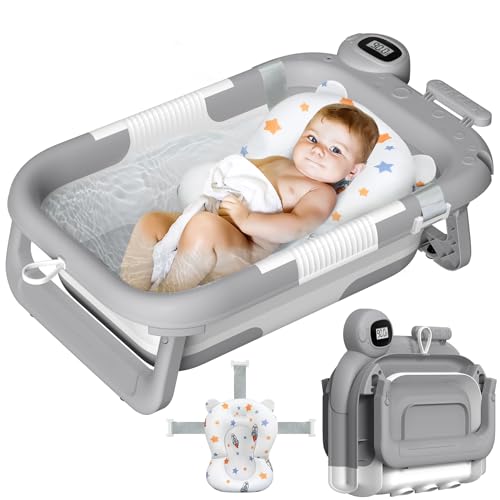Image of Collapsible Baby Bathtub for Infants to Toddler, Baby Bathtub for Newborn with Thermometer & Soft Floating Cushion, No-Slip Hanging Portable Travel Baby Tub 0-36 Months-Grey