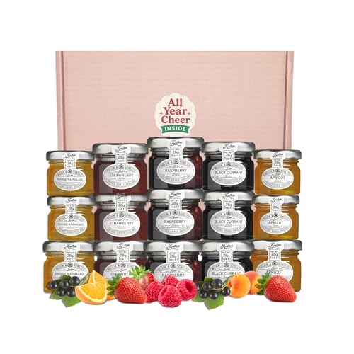 All Year Cheer Mini Jam Gift Set 15 Assorted Jam Pots (Raspberry Strawberry Blackcurrant Apricot & Marmalade) + Mystery Gift