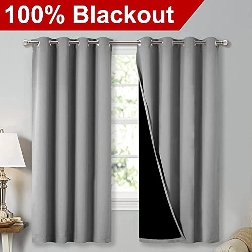 Image of NICETOWN 100% Blackout Curtains with Black Liners, Thermal Insulated Full Blackout 2-Layer Lined Drapes, Energy Efficiency Window Draperies for Bedroom (Silver Grey, 2 Panels, 52-inch W by 63-inch L)