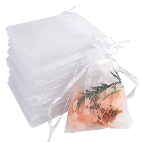 Soodyoow Bolsitas de Tela Pequeñas, 100 Piezas Bolsas de Organza, 7 x 9 cm Bolsas Regalo Pequeñas Blanco Bolsas de Organza Lavanda Pequeñas para Joyas, Preferencias de Boda