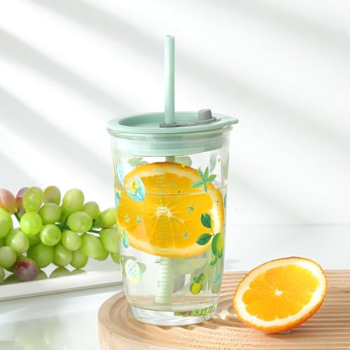 Image of Kamvy Printed Glass Milk Mug with Recipe Design (400ml) Pack of 1 | Transparent Drinking Glass for Coffee, Milk, Juice & Smoothies | Stylish Measuring Tumbler for Home & Kitchen (Mint Green)