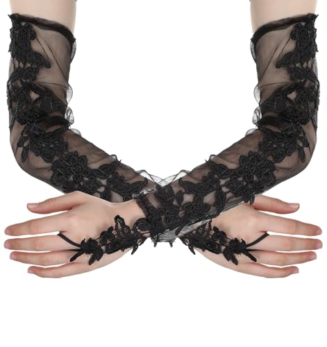 Long Lace Gloves for Women - Black Gloves Lace Sheer Tulle Mesh Wedding/Prom/Costume Party Glove Elegant Vintage Style Accessories