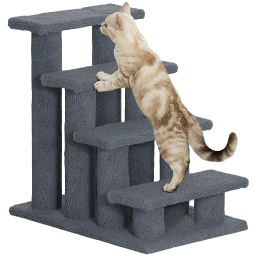 PawHut Katzentreppe 4 Stufen Tiertreppe Treppe für Katze Haustiertreppe Hundetreppe aus Plüsch 61 x 41 x 60 cm Grau