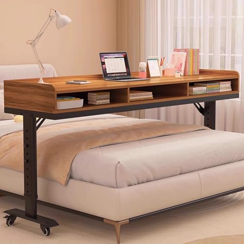 Table de lit à roulettes réglable bureau mobile marron avec rangement intégré