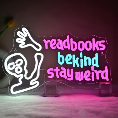 Skeleton Read Books Be Kind Stay Weird Neon Signs for Wall Decor, Dimmable LED Neon Light USB Powered Light Up Signs for Halloween Decorations Party Gift Office Bedroom Book Lover