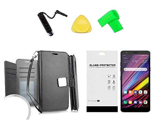 for LG Tribute Royal LM-X320PM Deluxe Wallet Pouch Cover Case + Tempered Glass + Extreme Band + Stylus Pen + Pry Tool (Black)