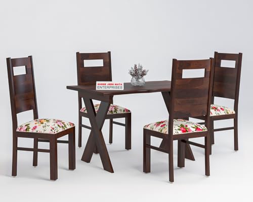 Image of Sheesham Wooden 4 Seater Dining Table with Cushion Chairs Dining Set for Dining Room - Wooden Dining Table 4 Seater Modern Dining Table Set of 4 for Living Room Home | (Design 17)