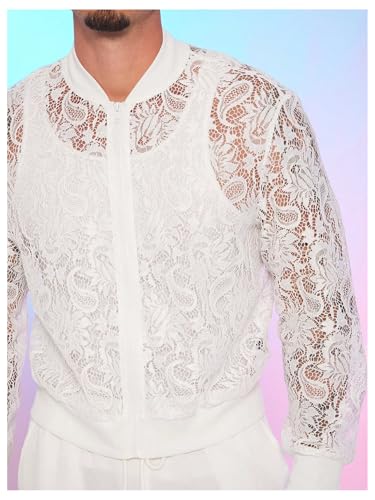 Image of WDIRARA Men's Floral Lace Bomber Jackets Long Sleeve See Through Outerwear | Zip Up Coats, Sexy, Sheer, Party, Concert Outfit