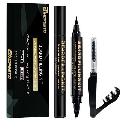3 PCS Beard Pen Filler for Men - Black 4 Tip Pen for Natural Looking Appearance - 2 Fillers & 1 Double Head Brush - Waterproof Four Fork Eyebrow Pencil Eyeliner (Black)