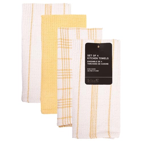 Image of Kitchen Towels Set of 4 Dish Towels Yellow n White Waffle Weave Cotton Hand Towels, 18 x 28 Absorbent Kitchen Linens