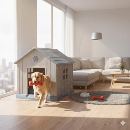 Image of Vizamoplast Paw Villa Large Dog House | Premium PP Plastic Dog Kennel for Indoor & Outdoor Use | Weatherproof, UV Resistant, Water & Mildew Proof | Easy DIY Assembly | Ventilated | Easy Clean