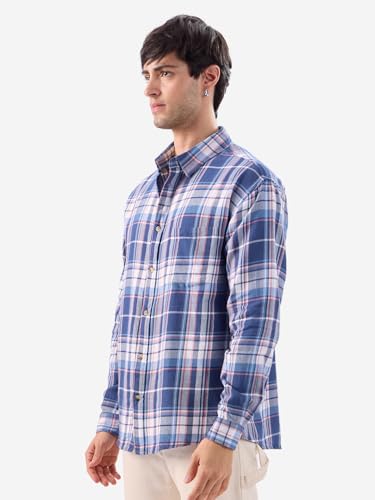 Image of The Souled Store Plaid: Blue, Pink, White Men and Boys Long Sleeve Collared Neck Button Front Relaxed Fit Cotton Shirts