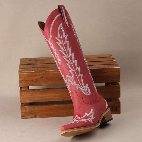Image of Rivalran Cowboy Boots for Women - Knee High Pointed Toe Chunky Heel Pull On Zipper Western Cowgirl Boots, Retro Country Vintage Fashion Tall Boots