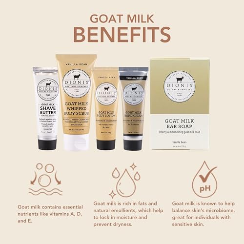 Image of Dionis Goat Milk Vanilla Bean Hand Cream, Body Lotion, Whipped Body Scrub, Shave Butter, Bar Soap 3 oz & Carrying Case 6-Piece Travel Set