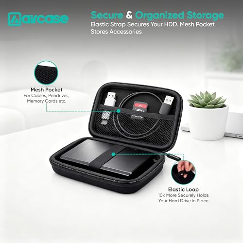 Image of AirCase Rugged Hard Drive Case for 2.5-inches Western Digital, Seagate, Toshiba, Portable Storage Shell for Gadget Hard Disk USB Cable Power Bank Mobile Charger Earphone, Water Resistant (Black)