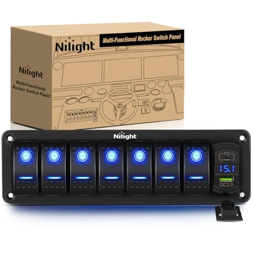 Nilight 7 Gang Rocker Switch Panel with PD Type C and USB Charger Voltmeter