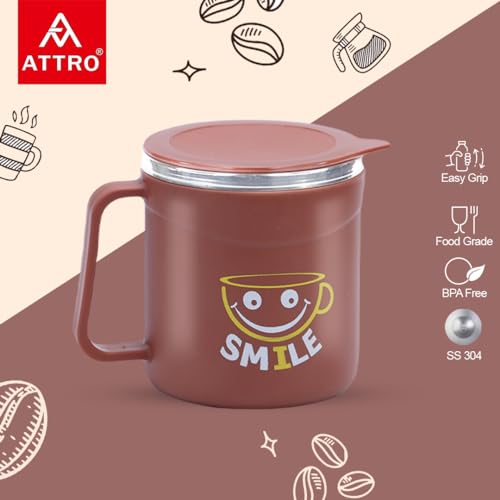Image of ATTRO Happy Mug Set of 6-Comes with Double Wall Inner Stainless Still & Lid Stylish Cup Ideal for Hot Coffee, Tea - 300ml-Red