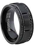 9MM Men's Black Titanium Wedding Band Ring with Double Row Black Cubic Zirconia, Comfort Fit