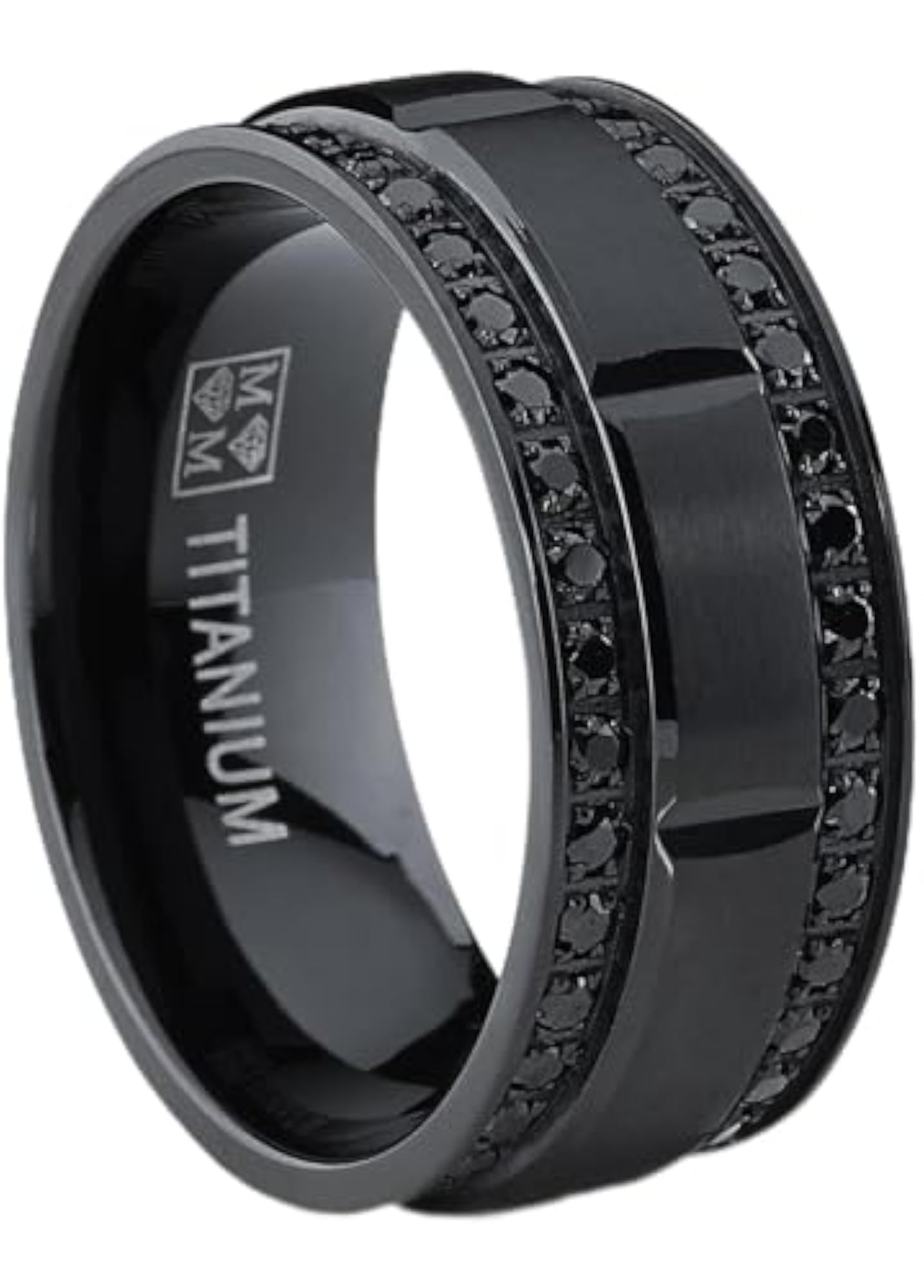 Men's Black Titanium Wedding Band Ring with Double Row Black Cubic Zirconia