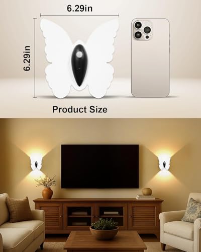 Image of Eneru Motion Sensor Wall Sconce Set of 2, Rechargeable Wall Lights, Indoor | 5000mAh Battery Operated Wall Sconces, Motion Activated, Magnetic Butterfly Night Light for Hallway Stair Closet Pantry,White
