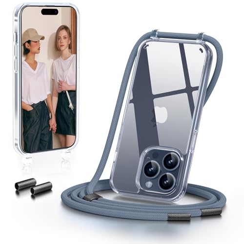 GOODVISH Handykette für iPhone 15 Pro Hülle mit Band | Kameraschutz und Bildschirmschutz | | Necklace Handyhülle mit Schnur Schutzhülle für zum Umhängen | Transparent Case mit Kordel Blau