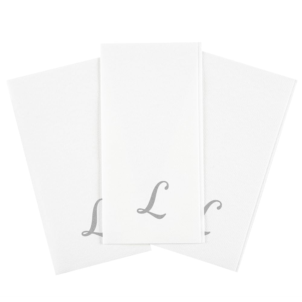 Restaurantware Luxenap - Servilleta rectangular de papel blanco con letra L plateada, puesta al aire, fuente cursiva, 15 3/4 x 8 pulgadas, caja de 50 unidades