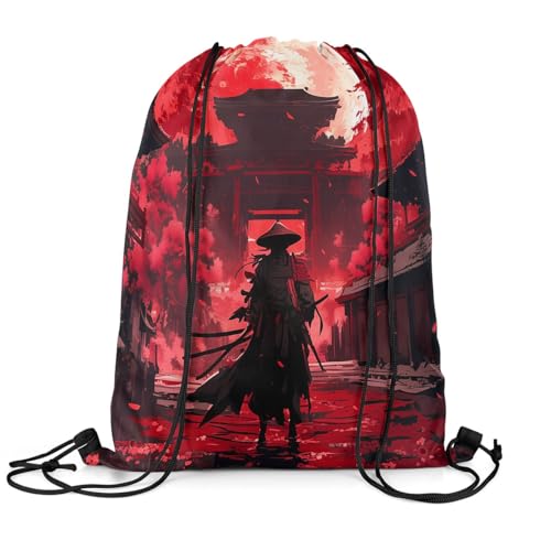 jejeloiu Mochila com cordão de gueixa japonesa, 33 cm x 39,9 cm, flores de cerejeira vermelhas, esportes, academia, bolsa japonesa, Ukiyoe, Vermelho, 13x15.7inch, Samurai