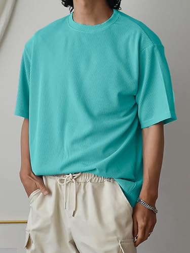 Image of Men's Oversized Ribbed Textured T-Shirt | Premium Knit Fabric | Relaxed Fit | Half Sleeve Crew Neck Casual Solid Tee
