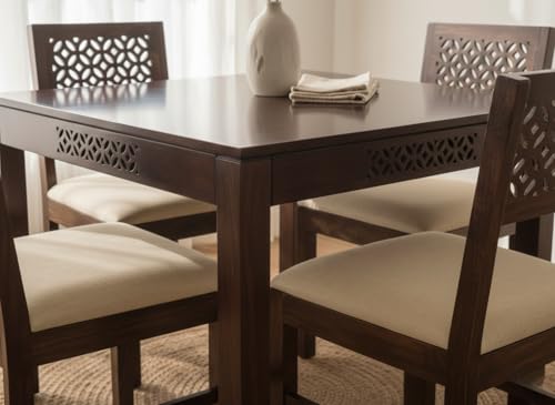 Image of RECTART Solid Wood Dining Table Set with Chairs for Living Room Home | Wooden Dining Room Sets Furniture for Hotels and Restaurants | (CNC-White-W, 4 Seater)