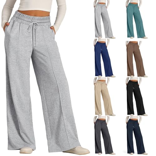 Generic Women's Wide Leg Sweatpants, Light Gray, Size M, High Waisted, Drawstring, Solid, Polyester, Machine Wash, Long Length