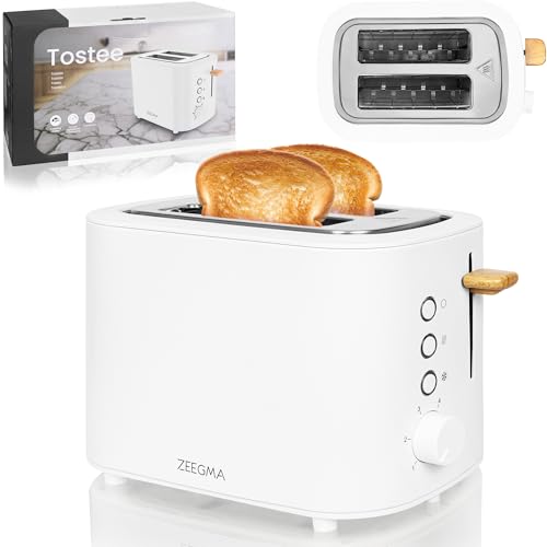 ZEEGMA TOSTEE Tostadora 820W para 2 Rebanadas, Función Descongelar y Recalentar, Ranura Ancha, Regulación de Tostado, Bandeja Recogemigas, Diseño Compacto en Acero Inoxidable