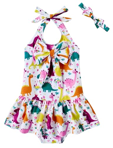RAISEVERN Toddler Girl One Piece Swimsuit Baby Beach Bathing Suit Swimwear with Bowknot Headband 1-5T