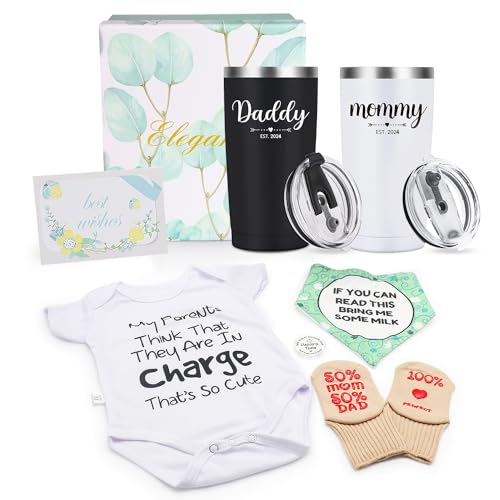 Image of Pregnancy Gifts for First Time Moms, Daddy and Mommy Est 2024 20oz Insulated Tumblers Set Baby Onesie Socks Bib Decision Coin - Top New Parents Gifts for Mom and Dad to Be - Idea for Baby Shower