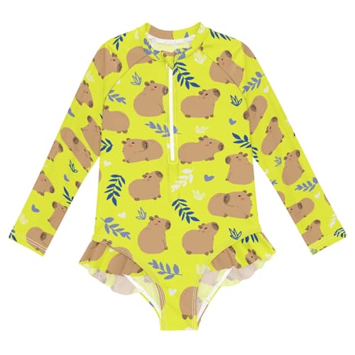 Yellow Cute Capybara Girls Long Sleeve Swimsuit Rash Guard One Piece Bathing Suits Zipper 3-12T