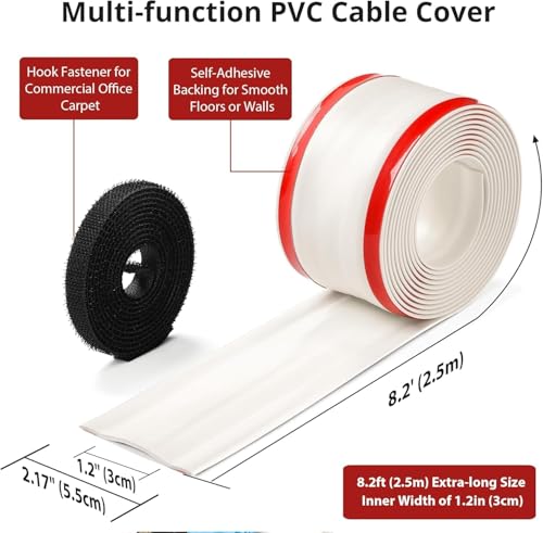 Image of ZhiYo 16.4ft Cord Cover for Wires on Floors or Walls, 2.2in Wide, Off White | Soft PVC cord hider with hook fastener for carpets. Easy to cut and install for extension cords, Ethernet & speaker cables