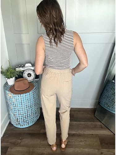 Puimentiua Sommerhose Damen Leicht,Dünne Leinenhose Sommer,Lockere Luftig Sommerhosen,Elegante Spitze 7/8 Hose Damen,High Waist Linen Pants Mit Tunnelzug Und Taschen (Khaki,M)
